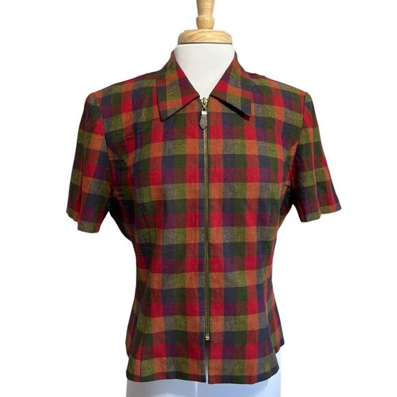 Positive Attitude Fall Colors Plaid Zip Front Jacket Size 12 Short Sleeve Linen - Picture 1 of 7